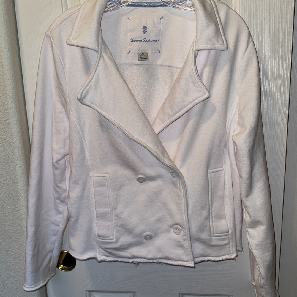 Tommy Bahama white double breasted cropped cotton fleece jacket Large